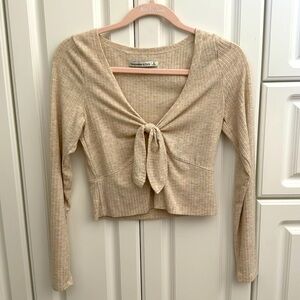 Abercrombie A&F Ribbed Knit V Neck Tie Front Long Sleeve Crop Top size Small